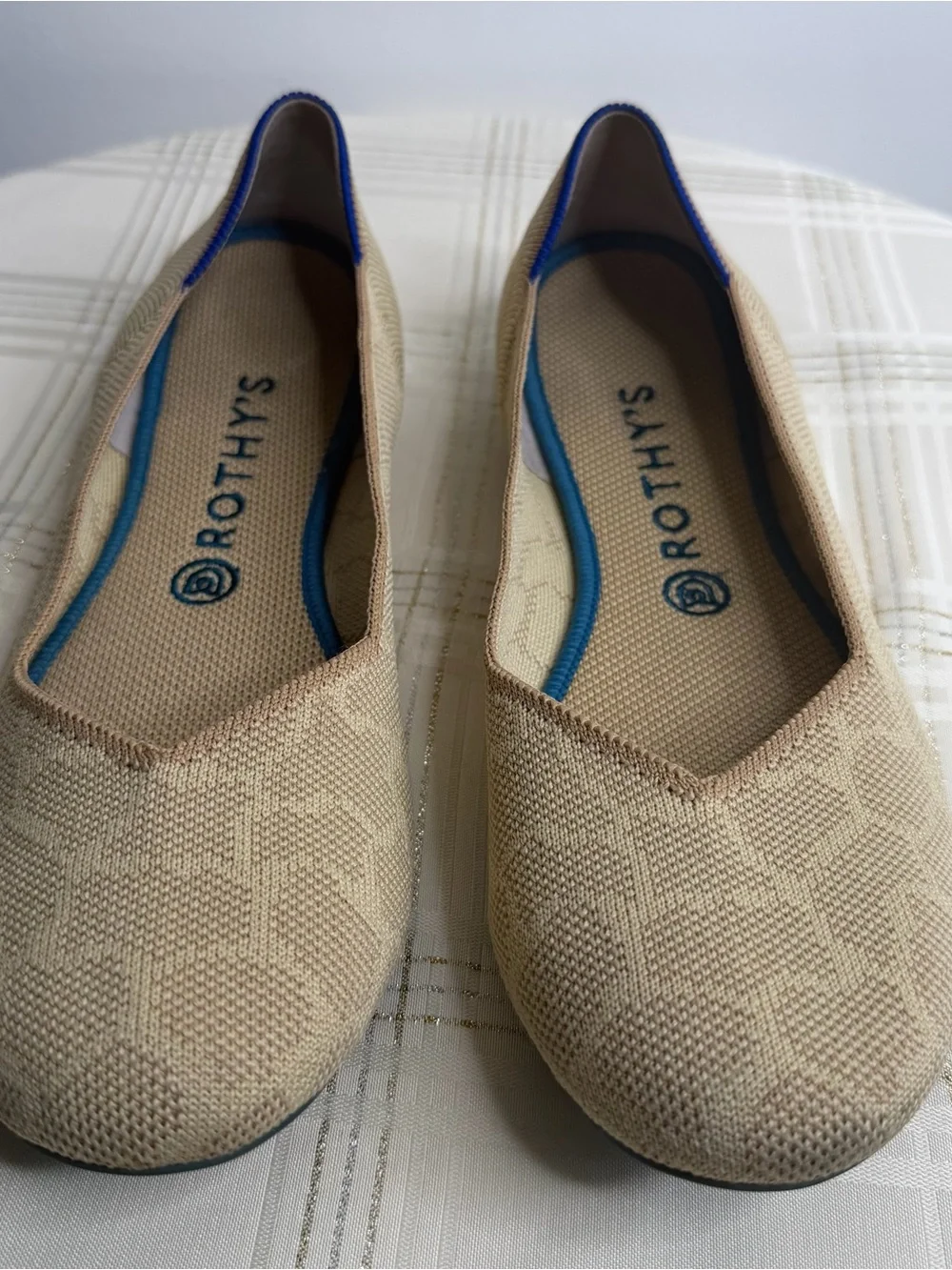 Rothy's Beige Knit Flat Ballet Loafers with Blue Trim
